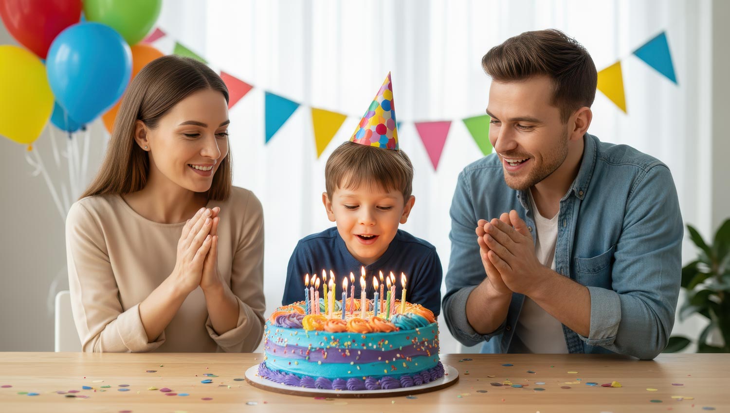 A friendly co-parenting moment — two adults smiling briefly during a child’s birthday celebration, handing over a wrapped gift while the child blows candles. The scene shows cooperation and mutual respect, not romance.