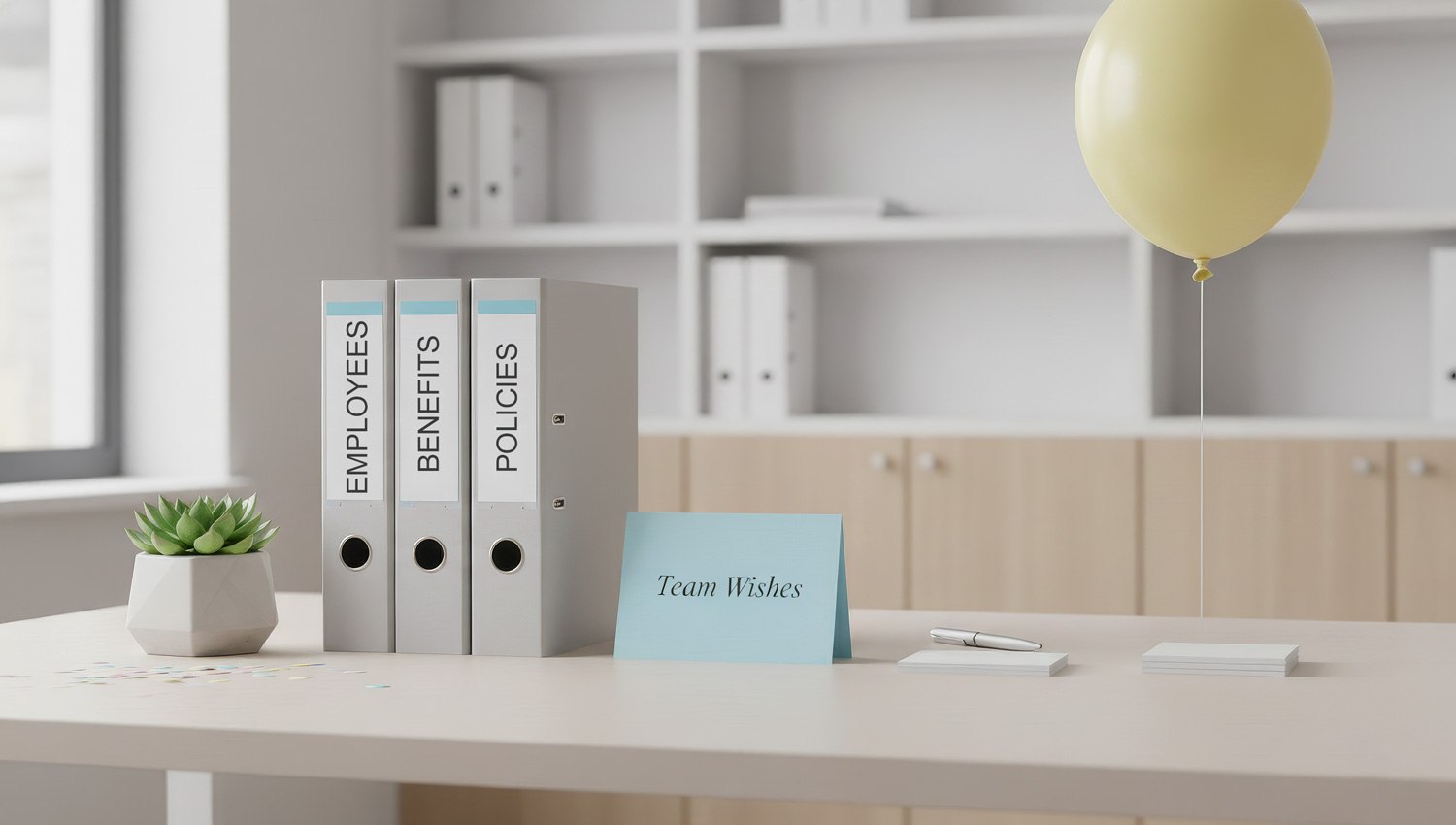 A bright, modern HR workspace featuring a neutral desk with HR files, a card labeled “Team Wishes,” and a tidy background with soft neutral tones. Subtle confetti or one balloon adds a hint of celebration. The scene balances professionalism with approachability — ideal for illustrating inclusive workplace communication.