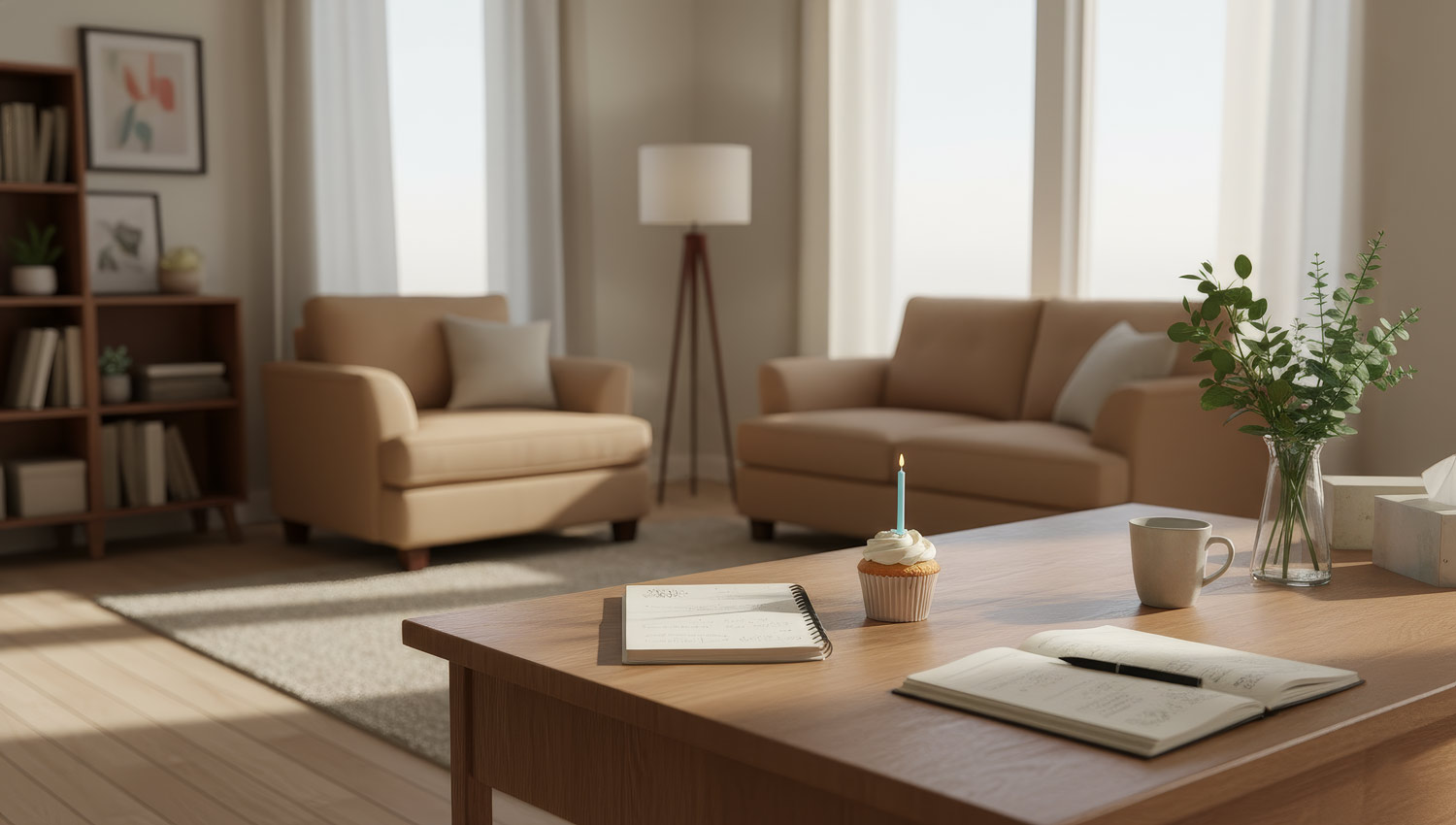A serene therapist’s workspace with light wooden furniture, a few open notebooks, and a vase of fresh greenery. A small birthday cupcake or candle on the desk adds warmth. The atmosphere feels respectful yet personal — professional kindness in focus.