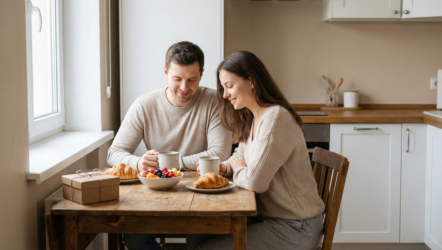 A slow morning kitchen scene with warm natural light, a couple sharing quiet breakfast — simple pastries, fresh fruit, steaming mugs — soft smiles, minimal conversation, calm atmosphere, neutral colors, rustic wooden textures, peaceful simplicity, ultra-realistic photograph.