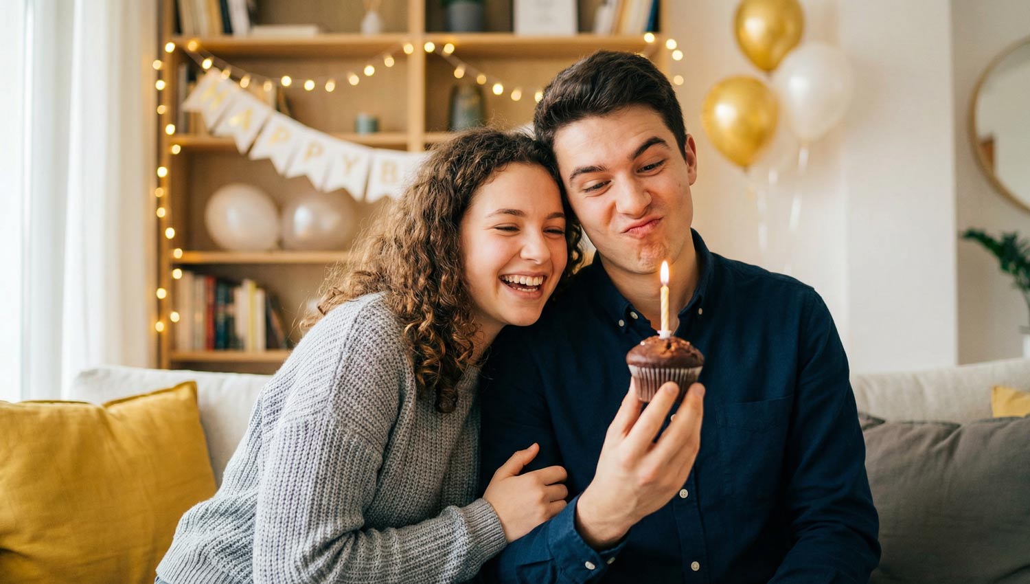 A playful birthday moment: two people joking around while one holds a birthday cupcake, laughter, expressive faces, bright home lighting, candid modern lifestyle photo.