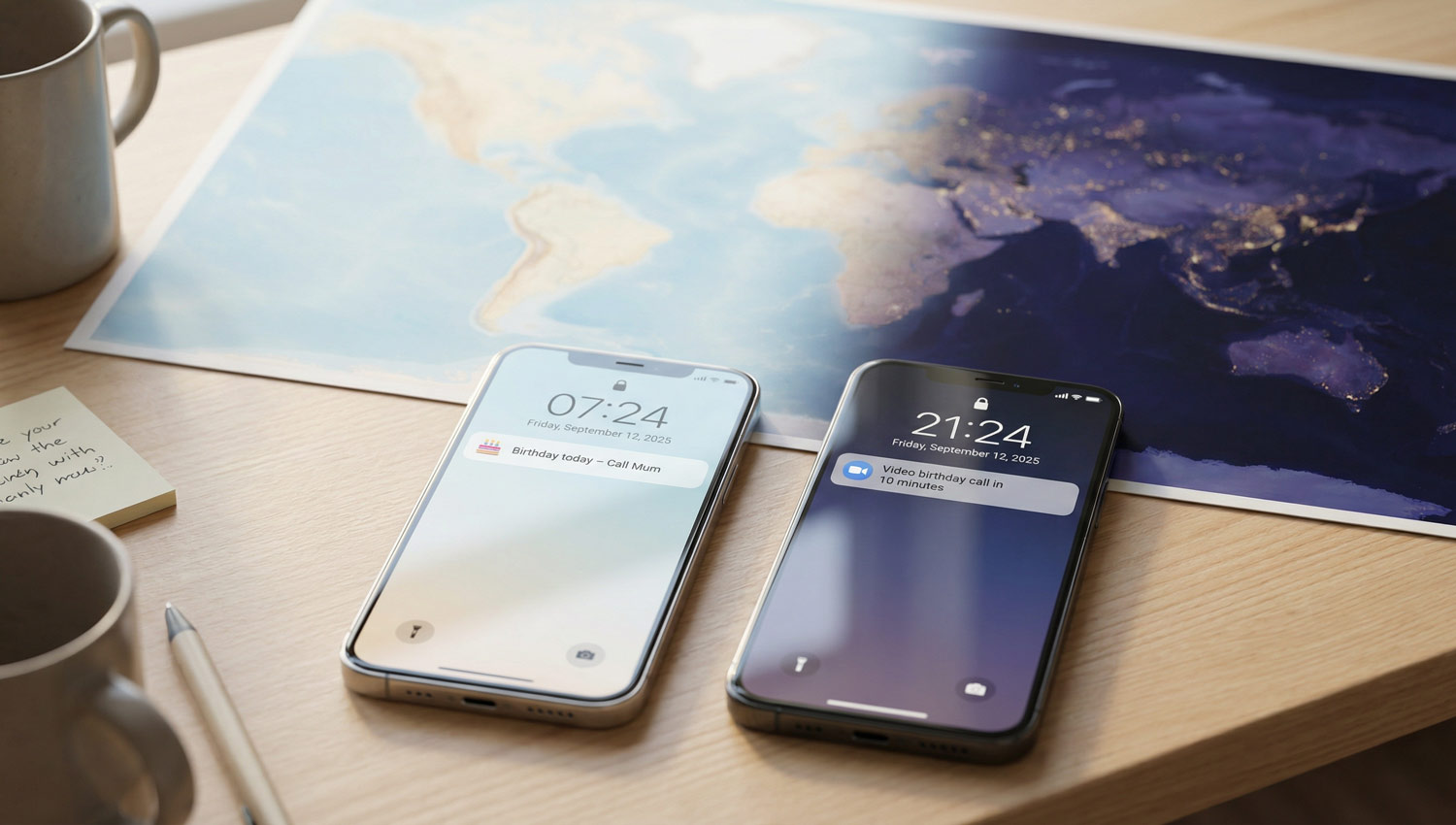 A realistic photo of two smartphones on a table showing different time zones and scheduled birthday reminders. One phone shows early morning light, the other dim evening tones. World map blurred in the background. Clean, modern, emotionally warm atmosphere.