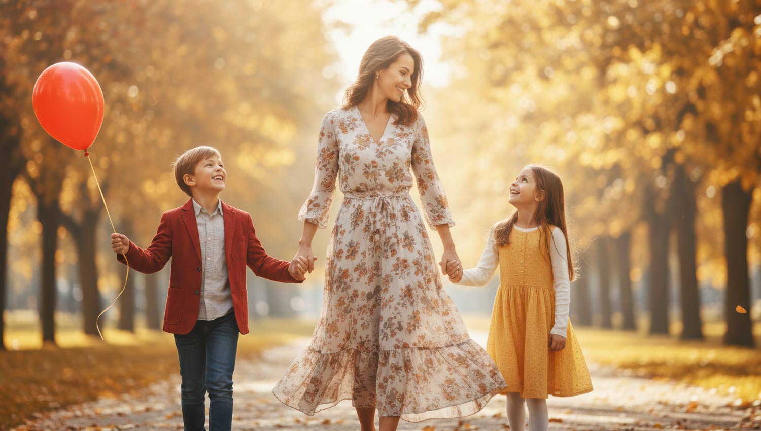 A parent walking hand-in-hand with their kids down a sunny park path, wind blowing gently, symbolic of strength and healing. The scene radiates positivity and light — representing hope, resilience, and moving forward together.