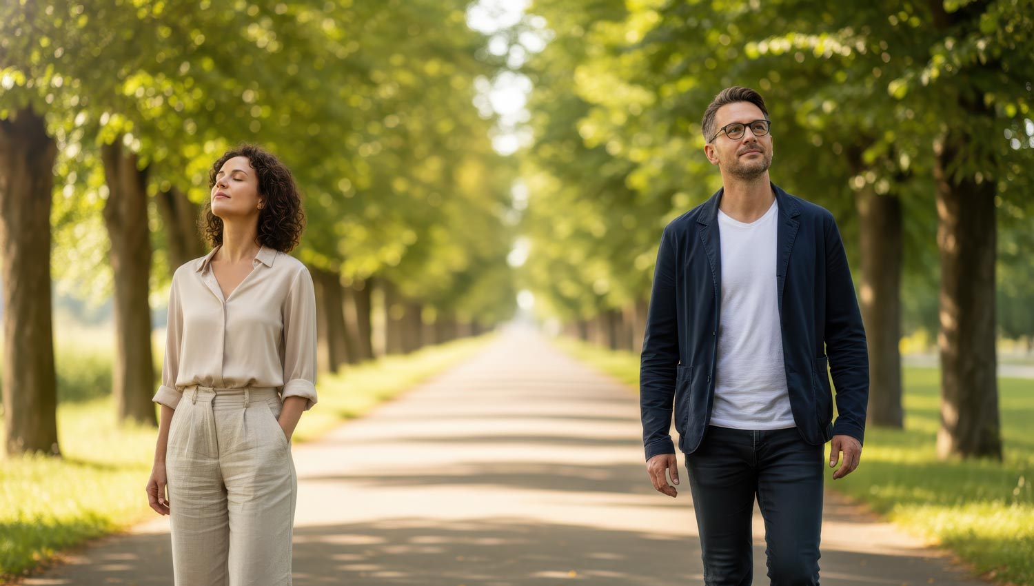 Two people walking in opposite directions on a tree-lined path under warm sunlight, both at peace. Their paths diverge naturally, symbolizing closure and independence with mutual goodwill.