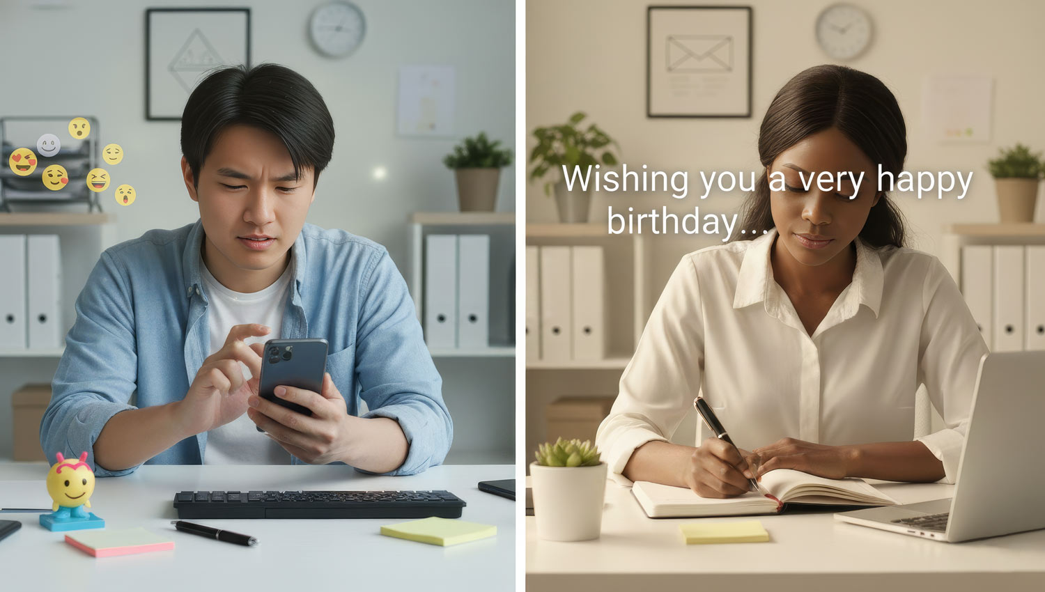 A split-scene image showing two sides: one person nervously typing a message full of emojis and inside jokes, while the other side shows a calm, thoughtful employee writing a clean, respectful note. Modern office lighting, subtle humor, and expressive contrast between “awkward” and “appropriate” communication styles.