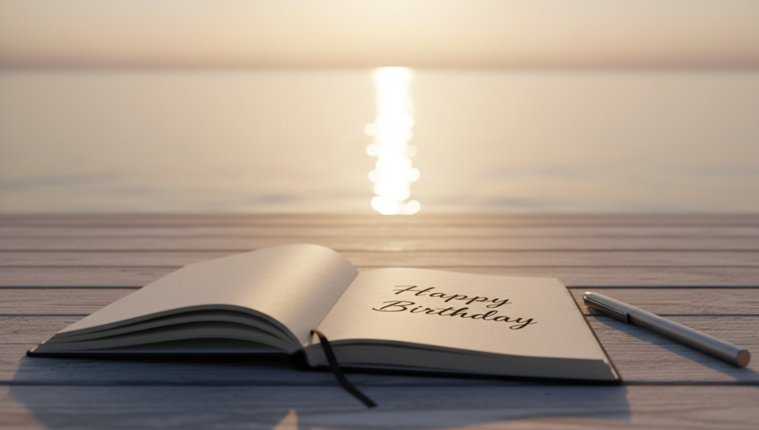 A sunrise over a calm landscape — mountains or sea — symbolizing growth and renewal. In the foreground, a journal open to a page with “Happy Birthday” written elegantly. The atmosphere feels reflective, motivational, and peaceful, aligning with personal transformation themes.