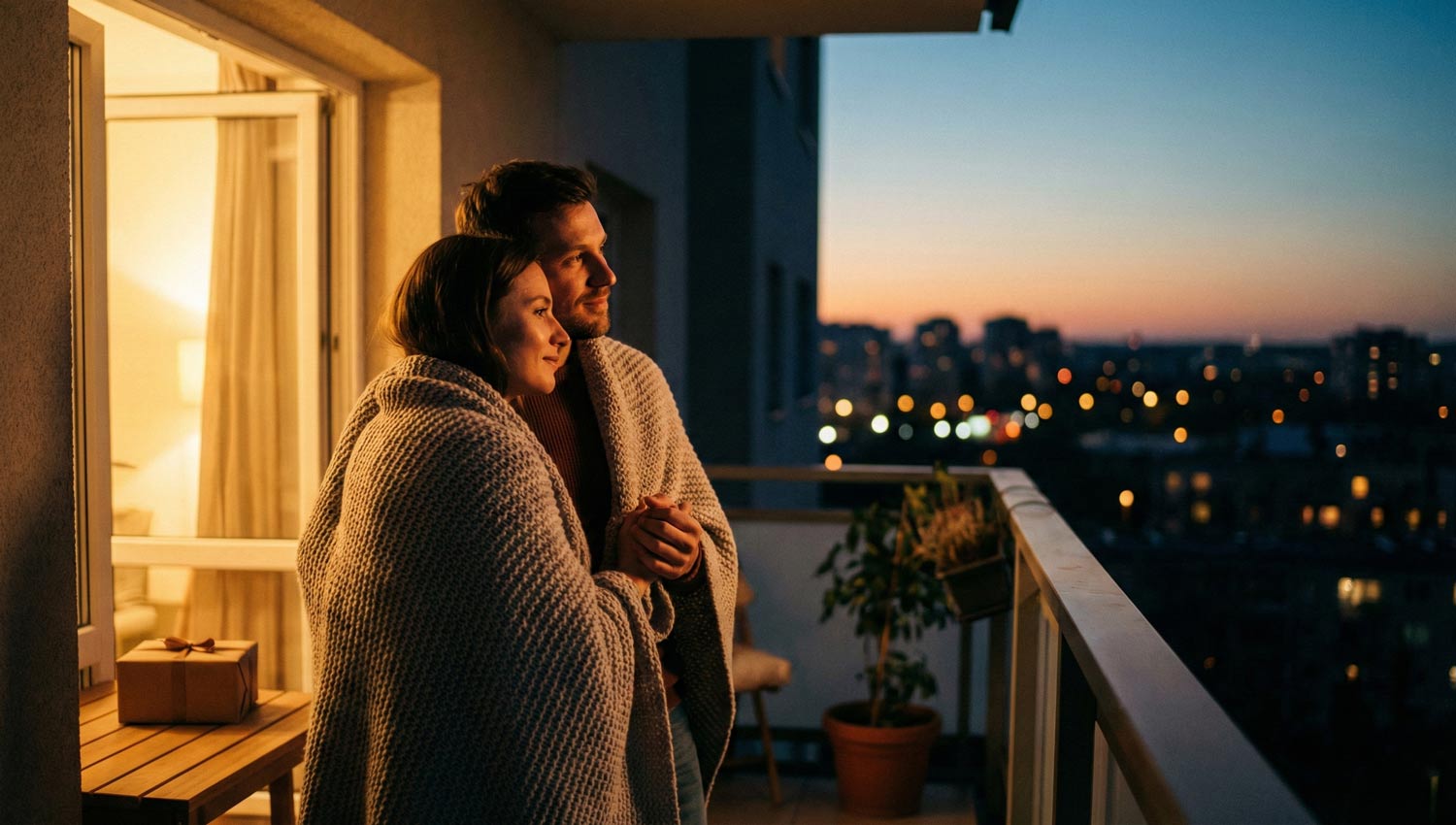 A couple sitting together on a balcony at dusk, wrapped in a shared blanket, city lights softly glowing in the distance, holding hands without speaking, peaceful, quiet companionship, muted warm tones, cinematic and intimate, ultra-realistic photography.