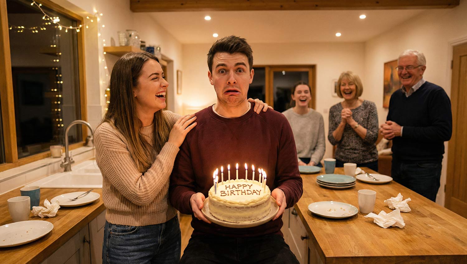 A candid, humorous moment at a birthday celebration: group laughing, the partner holding a birthday cake with exaggerated “help me” expression, cozy home environment, lively and realistic photography.