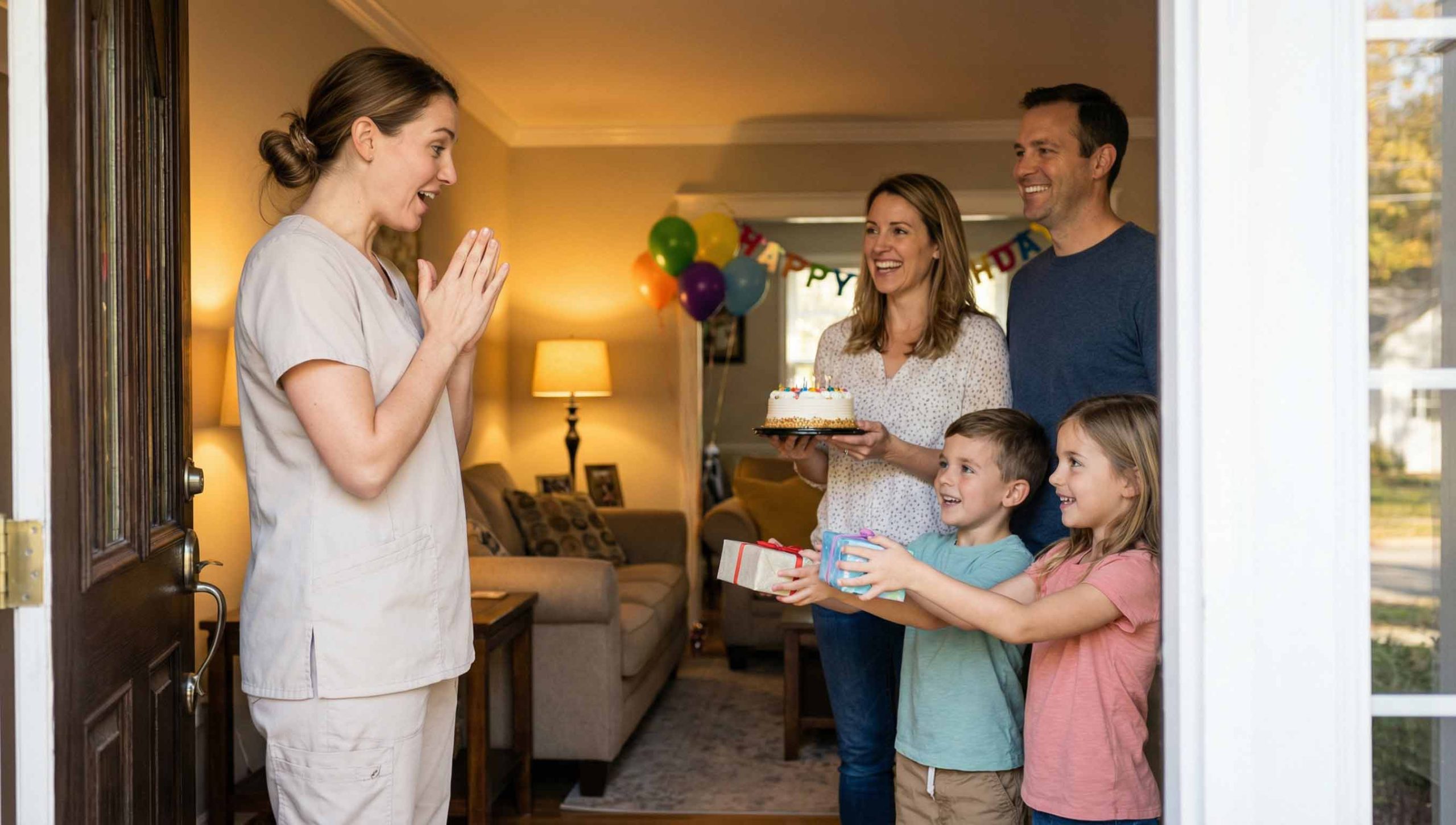 A nanny standing at a doorway while an entire family—parents and kids—hand her a birthday cake and small wrapped gifts; inviting living room, balloons in the background, joyful but natural expressions, documentary-style photography capturing connection.