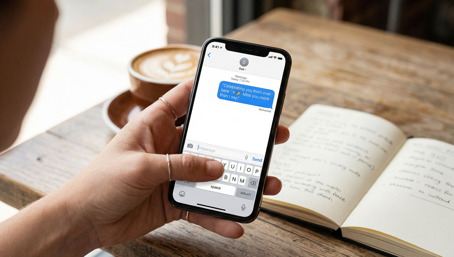 A realistic close-up of a WhatsApp or iMessage screen filled with colorful birthday emojis and expressive chat bubbles. Hand holding the phone, natural lighting, candid everyday setting like a café or desk. Bright, fun, human, and relatable.