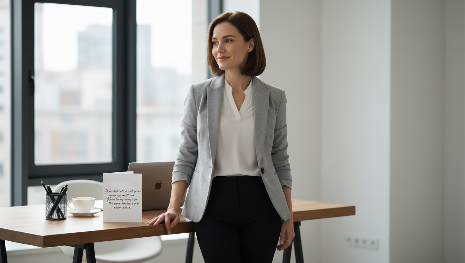 A minimalist image of a single parent dressed for work, standing confidently near a window with natural daylight. A birthday card rests on the desk beside a coffee cup — blending professionalism with personal reflection, symbolizing quiet respect and balance.