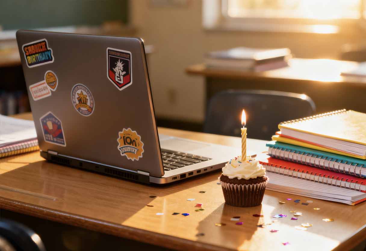 Sunlit study desk with organized school supplies and a cupcake with a lit candle.