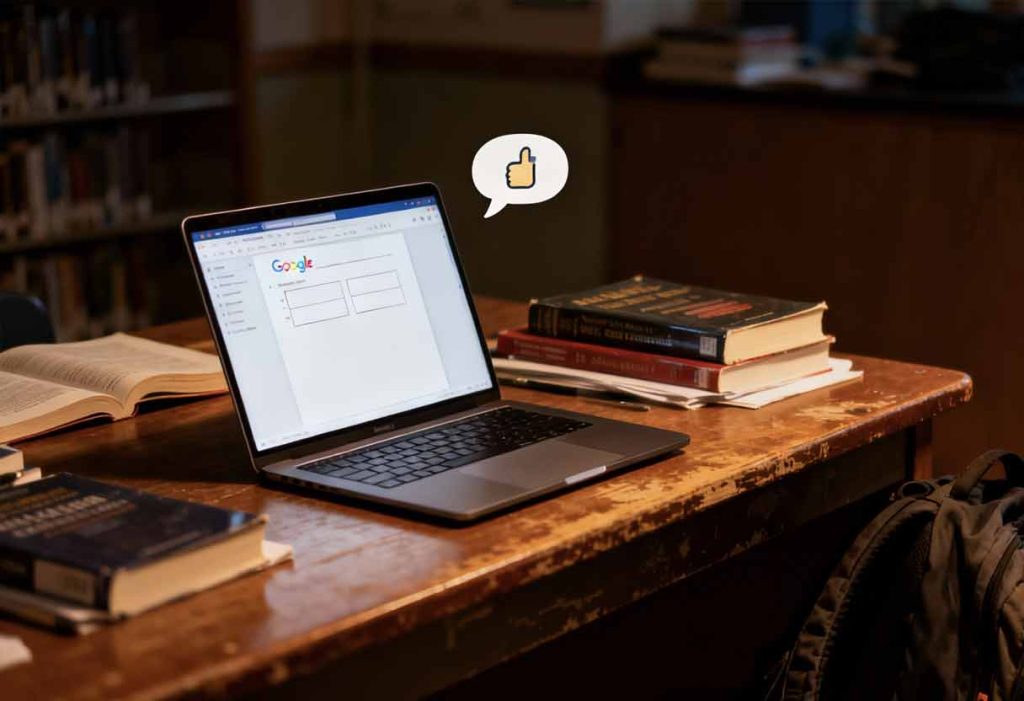 Dim study corner with an unfinished Google Doc and a floating thumbs-up notification.