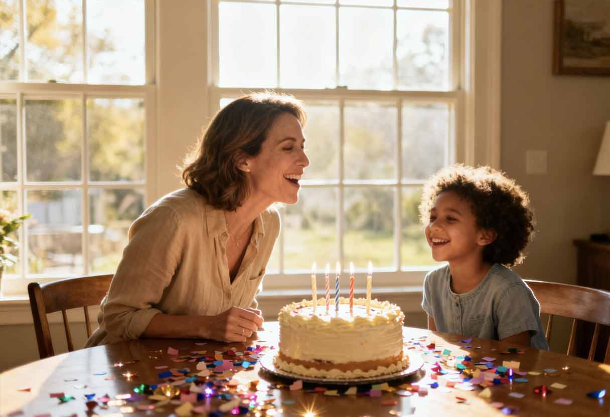 Stepmom and stepchild share joyful look as birthday candles are blown out.
