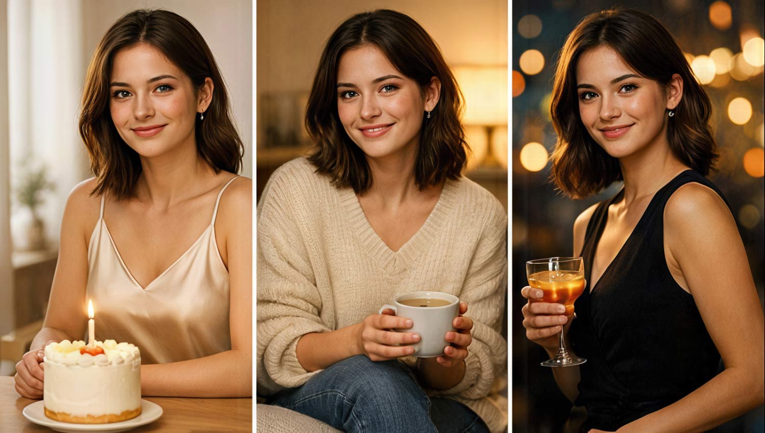 Triptych collage of the same person in calm luxury, cozy home, and night-out birthday moods