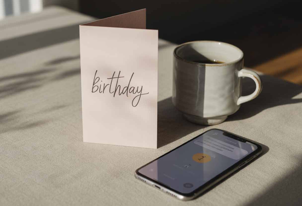 A minimal birthday card placed beside a coffee cup on a café table, phone nearby showing a birthday reminder, no gift wrapping, neutral colors, natural daylight, calm and mature mood, realistic editorial photography.