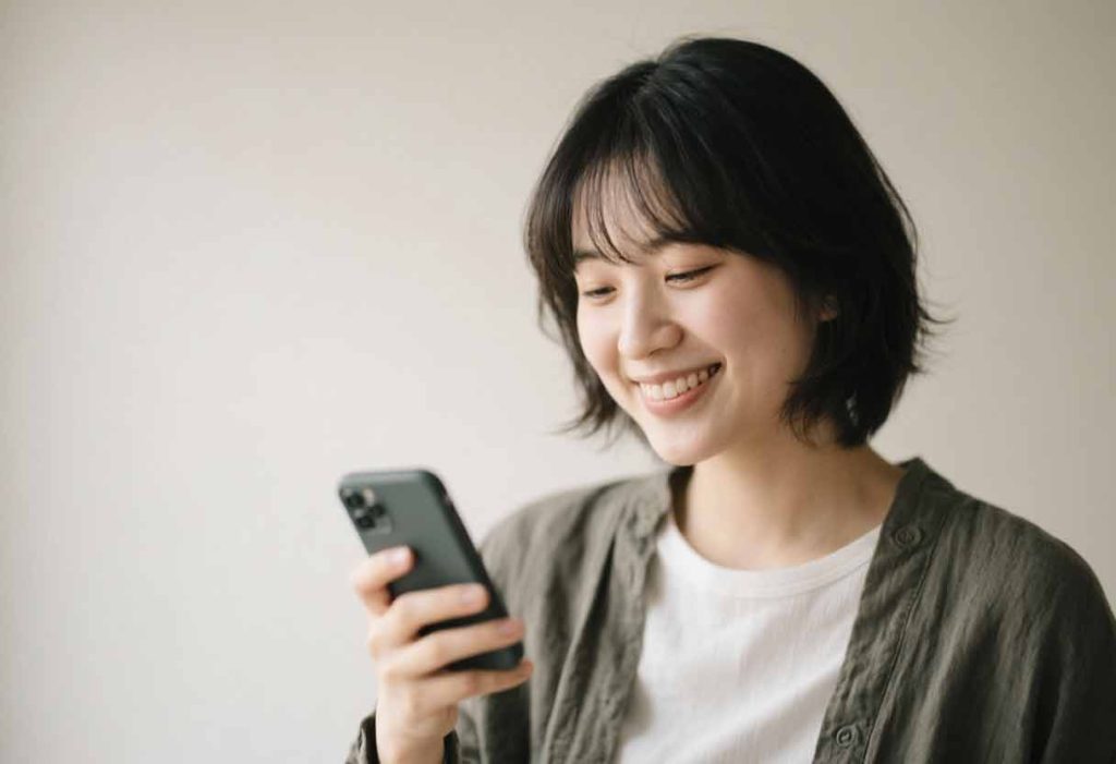 someone staring at their phone with a small sincere smile