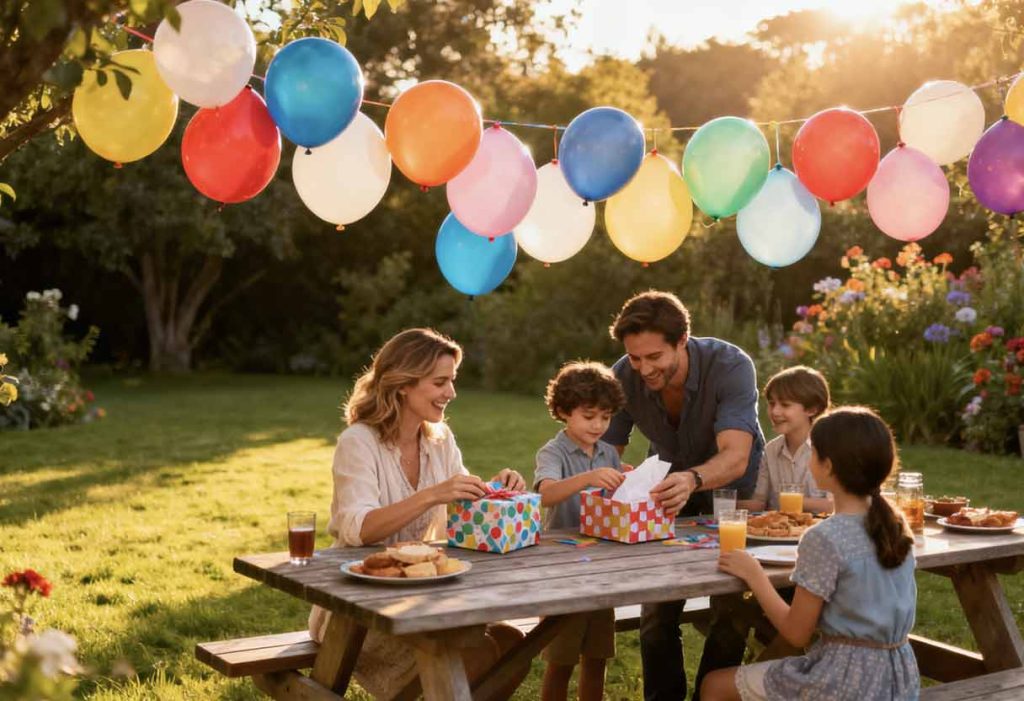 Stepmom and biological parent help a child open gifts during a joyful garden birthday.
