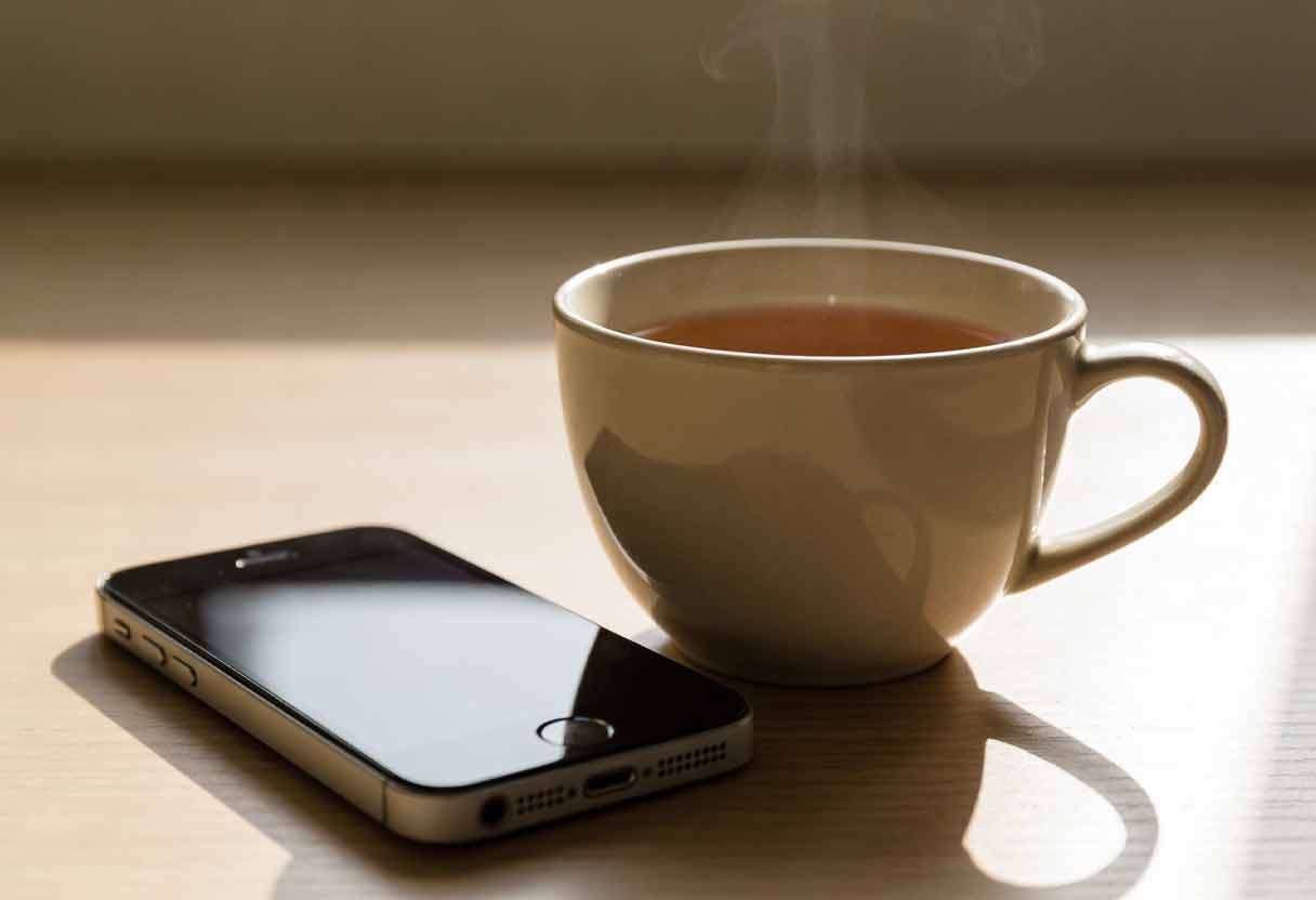 a phone on a table with the screen locked, placed beside a cup of untouched tea