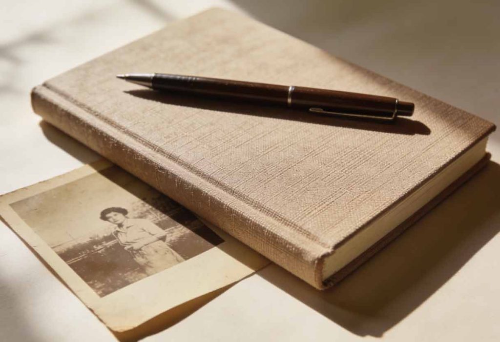 A still-life scene of everyday objects: a closed notebook, a pen placed neatly on top, and an old photo turned face down