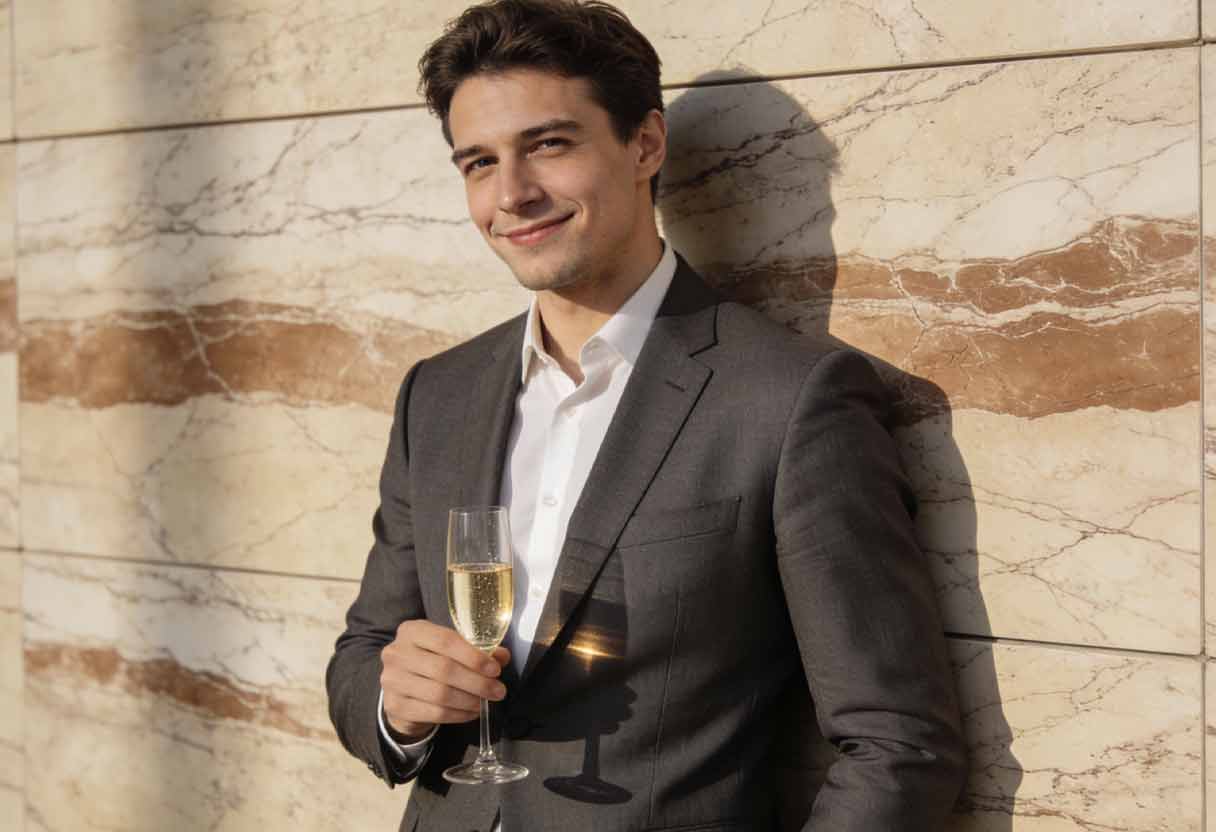 A stylish person leaning casually against a marble bar