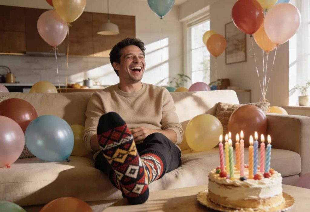 an adult laughing in a bright modern living room filled with colorful balloons