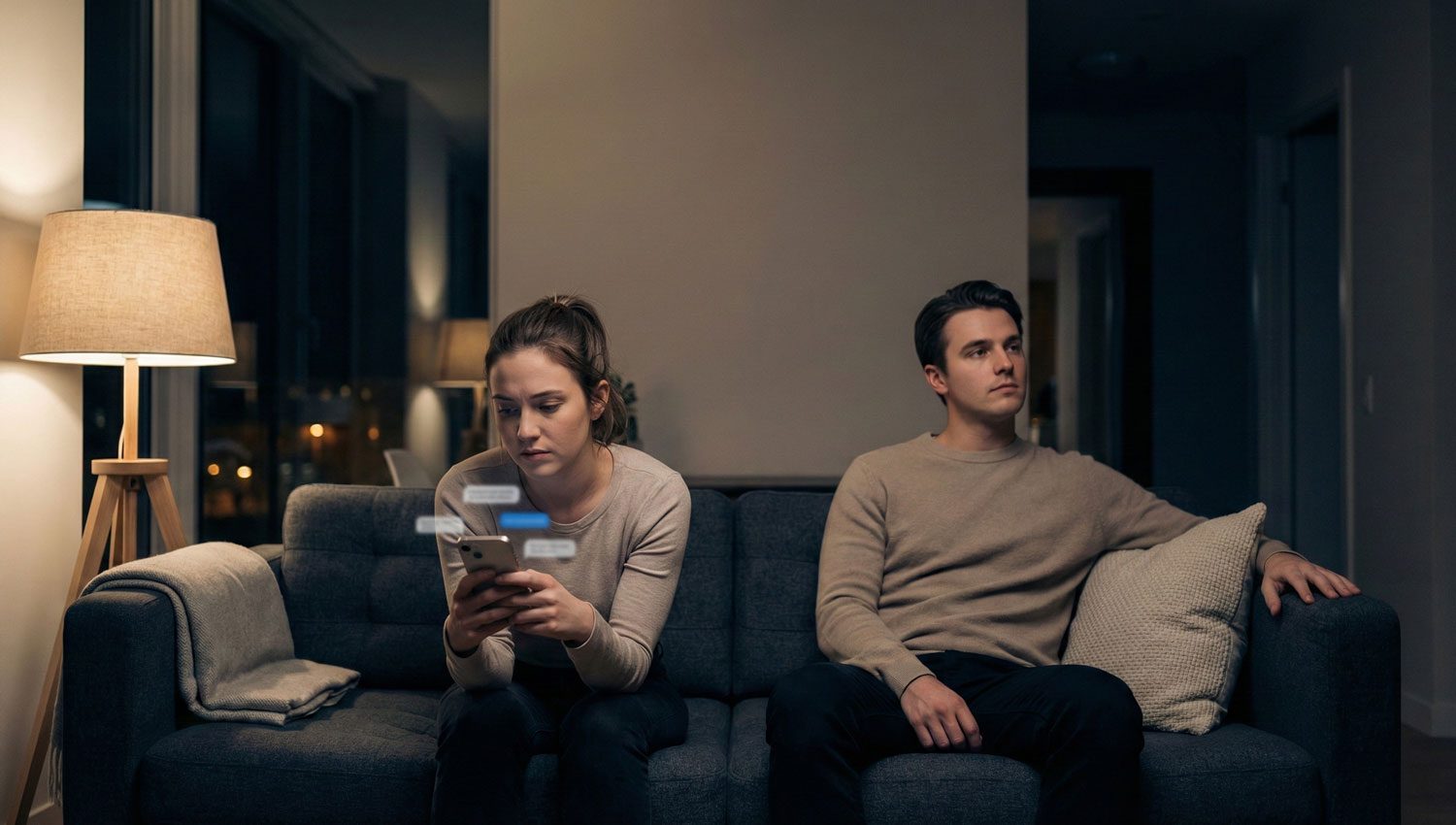 A candid, cinematic photo of two people sitting side-by-side on a couch at night, phones in hand, soft lamp light, one person typing thoughtfully while the other looks away. Neutral tones, intimate but understated. Feels like an unsent message moment.