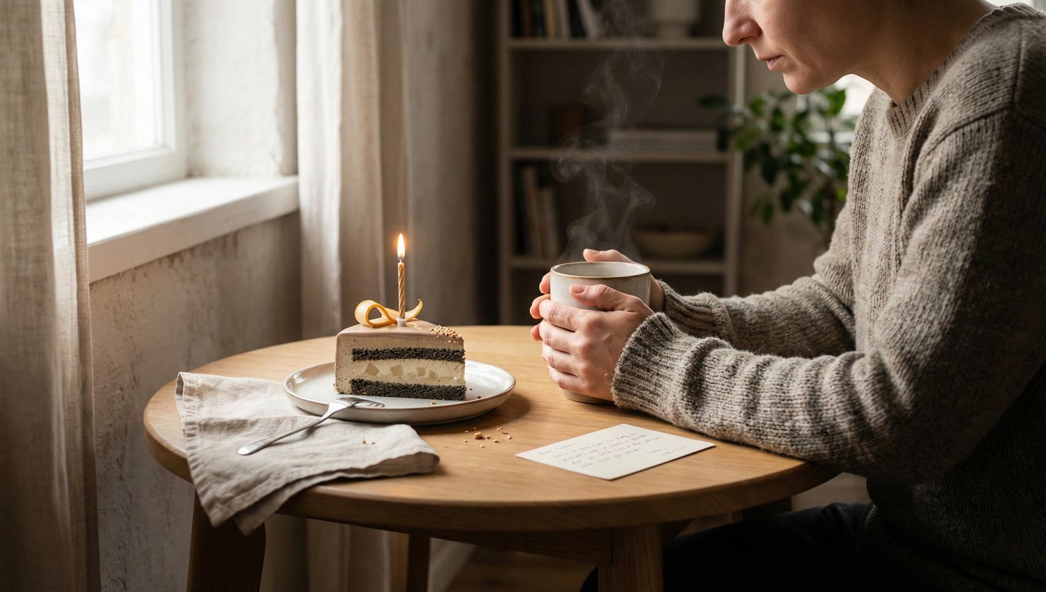 A calm, intimate birthday scene in natural daylight. A person sitting quietly at a small table near a window, hands wrapped around a warm mug, a simple slice of cake with one candle beside them. No party decorations, no crowd. Neutral tones, soft shadows, lived-in apartment feel. Mood is peaceful, grounded, reflective. Photorealistic, candid, minimal styling.