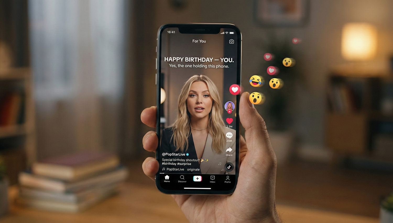 A modern smartphone held in someone’s hand, screen showing a short vertical video of a celebrity-style birthday message, blurred reaction emojis floating around the screen, social media interface subtly visible without logos, warm indoor lighting, candid moment, realistic photography style, shallow depth of field, contemporary lifestyle aesthetic, natural skin tones, no exaggerated effects.