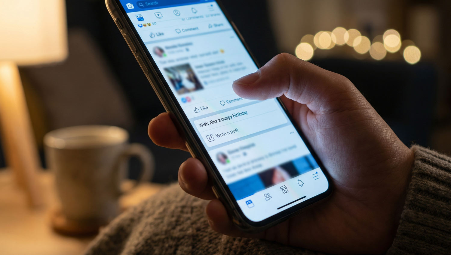 Realistic close-up of a hand holding a smartphone mid-scroll, thumb paused above the screen as if interrupted. Late-night setting, dim lighting, notification glow on the face. The mood feels spontaneous and unplanned, like someone stopped everything to send a message. Authentic, casual, modern lifestyle photography.