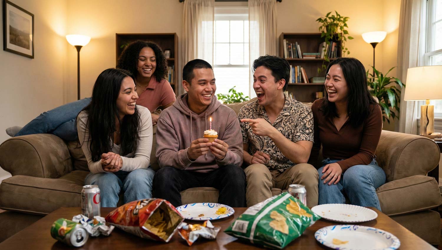 A group of friends sitting on a couch during a casual birthday hangout, someone holding a cupcake with a single candle while another friend laughs mid-roast. Everyone looks relaxed, slightly chaotic, mismatched outfits, snack wrappers on the table. Warm indoor lighting, candid expressions, moment captured mid-laughter like a screenshot from a story.