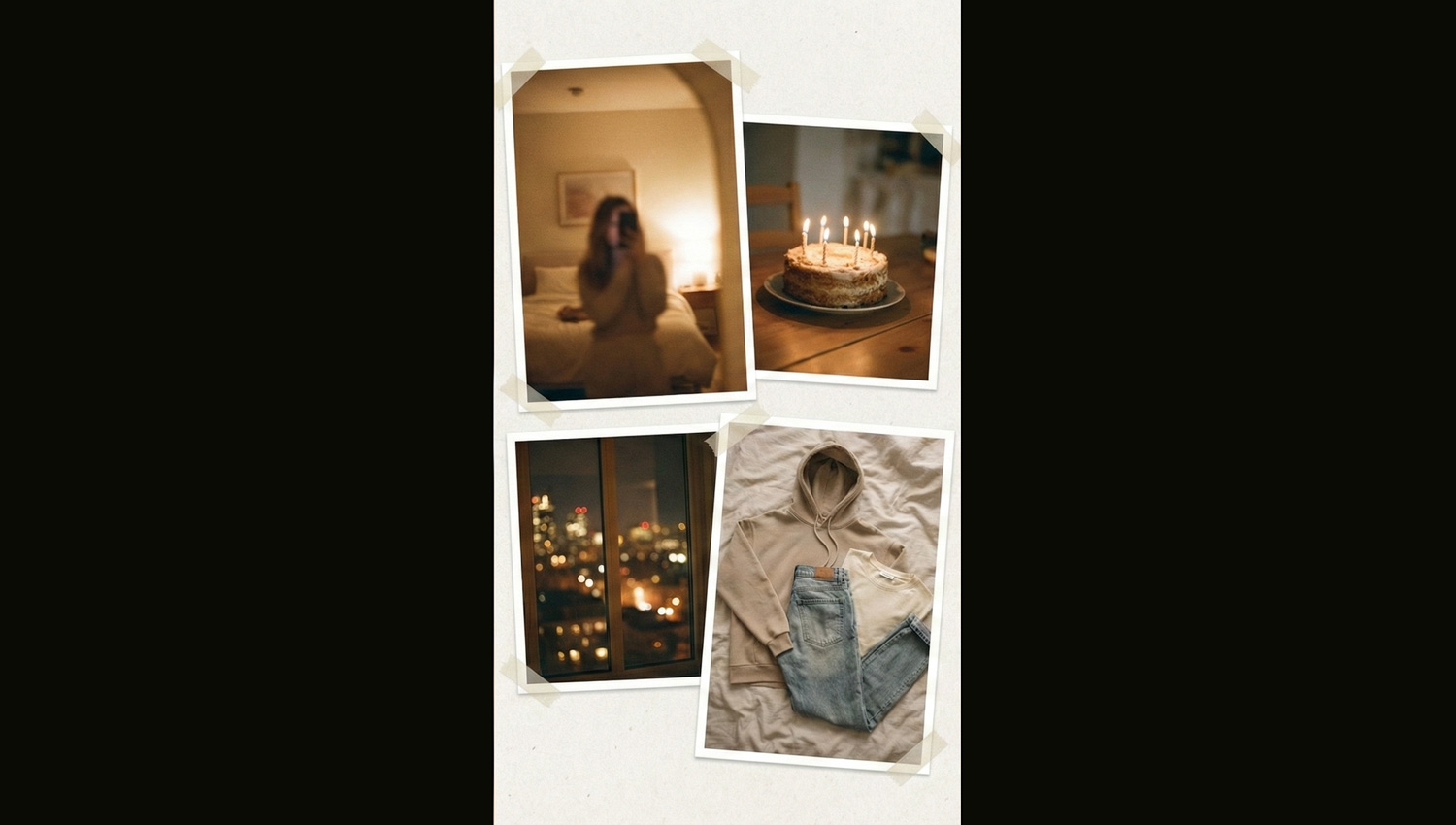 A cozy, aesthetic TikTok slideshow-style collage scene: blurred mirror selfie, soft-focus birthday cake, late-night city lights through a window, casual outfit laid on a bed, warm neutral tones, nostalgic lighting, film grain texture, intimate and reflective mood, candid moments, realistic photography, vertical composition, no text.