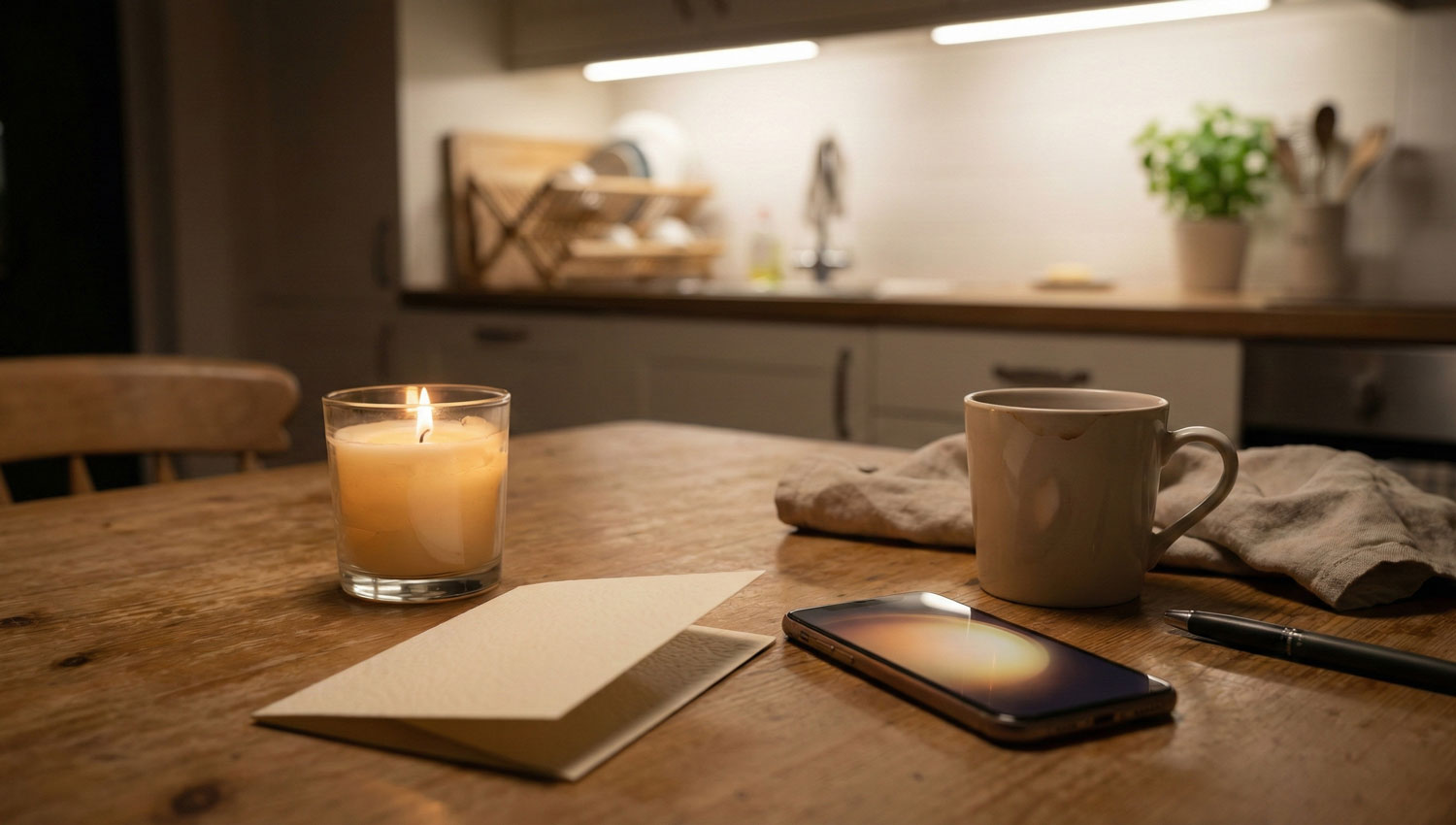 A warm, natural photo of a kitchen table in the evening with a half-lit candle, a folded card, and a phone resting face-up. Background slightly out of focus. Feels familiar, quiet, and emotionally safe — no posed smiles.