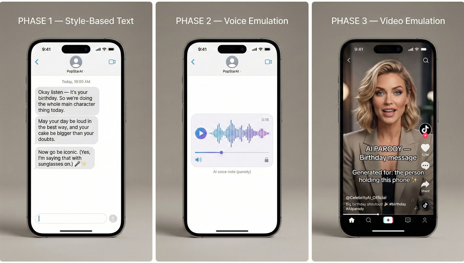 Image Prompt: Three-panel visual showing evolution: left panel with text message on phone screen, center panel with audio waveform and play button, right panel with talking-head video frame, all unified in one clean composition, neutral background, modern UI elements, realistic smartphone interfaces, minimal design, soft lighting, professional editorial style.