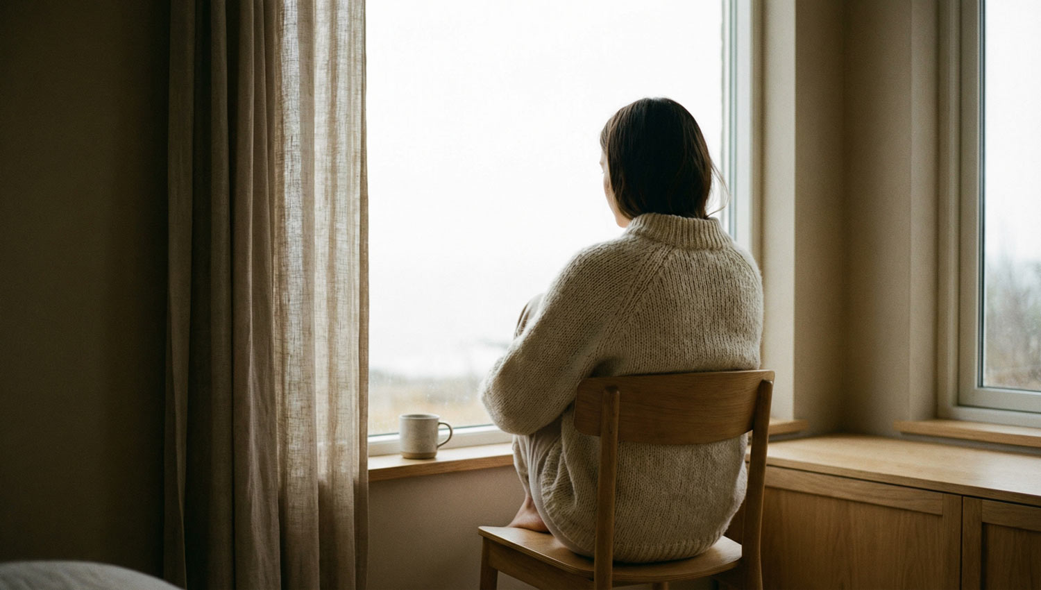 A person sitting alone near a window, back turned to the camera, wrapped in a light sweater. Outside light is overcast. No visible celebration items. Calm, introspective mood, natural light, documentary-style realism.