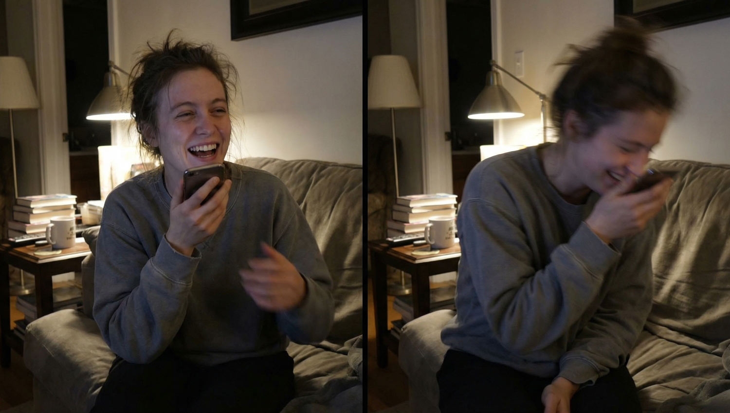 Candid lifestyle photo of a person laughing mid-sentence while recording a voice message, slightly turned away from the camera. Indoor natural lighting, imperfect framing, motion blur on hands. Expression feels unfiltered and honest, like thoughts spilling out. Documentary-style realism, no filters, natural skin texture.