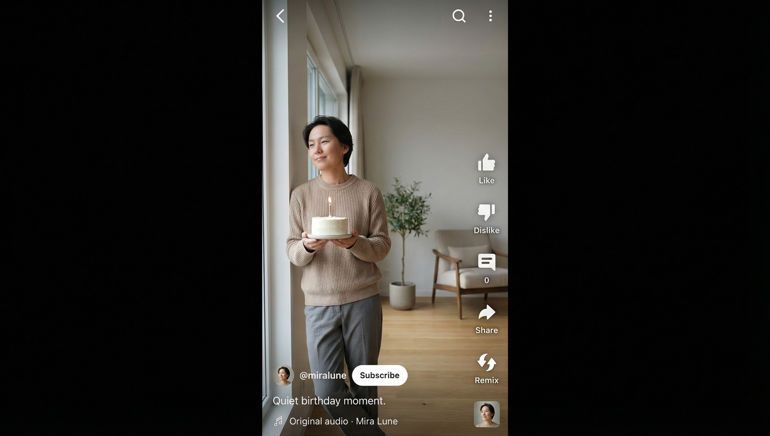 A clean, minimal YouTube Shorts-style vertical frame of a person standing near a window holding a small cake with one candle, soft natural daylight, calm facial expression, neutral color palette, uncluttered background, modern lifestyle realism, subtle cinematic lighting, realistic proportions, no exaggerated emotions.