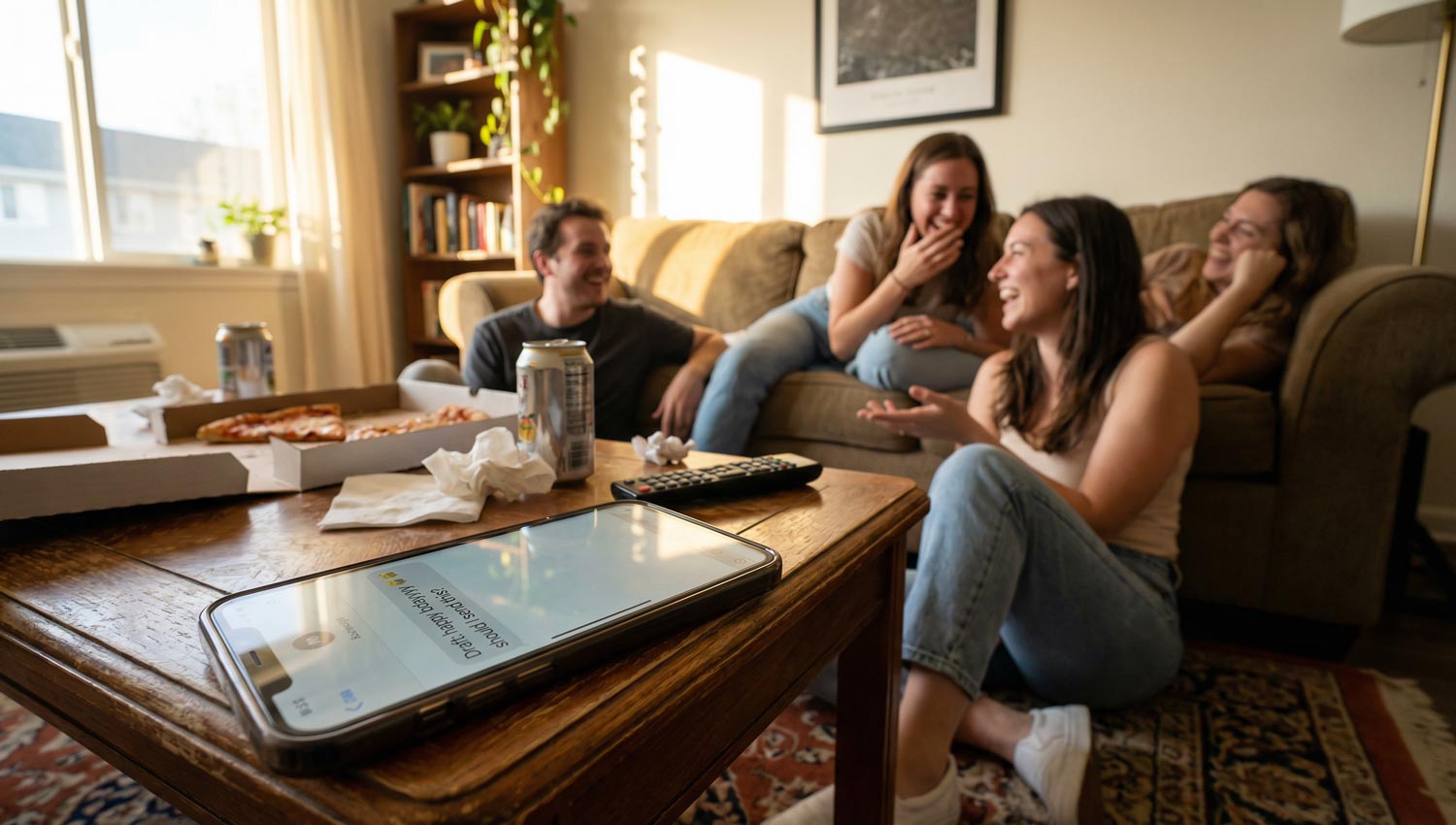 A casual group setting: friends sprawled on a couch or floor, phones out, laughing mid-conversation. One phone screen visible with a message draft open. Messy, real, late-afternoon light. Feels effortless and social.