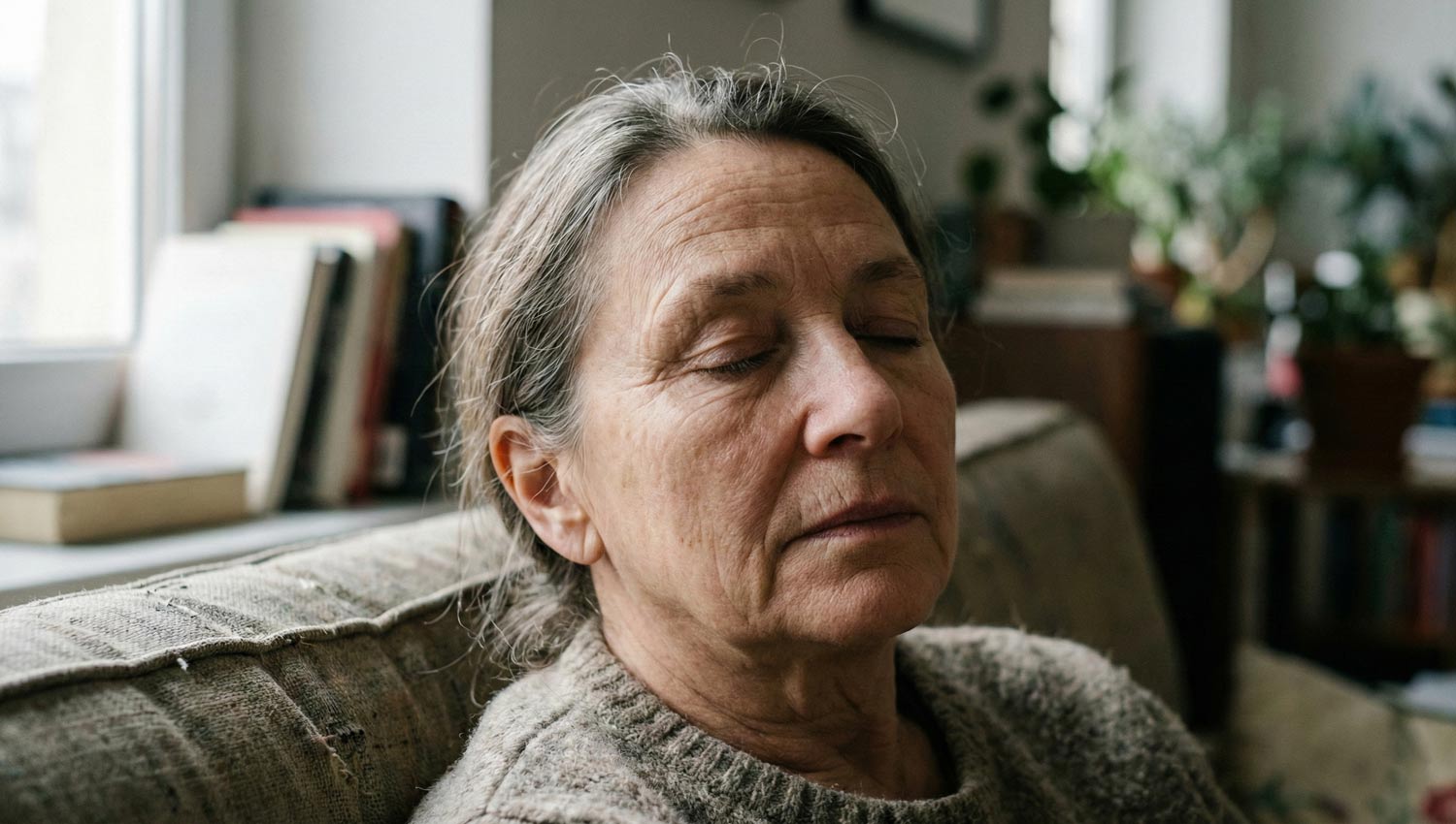 Close-up, realistic portrait of a person resting—eyes closed or looking down—sitting on a couch or chair in soft indoor light. No dramatic expression, just calm fatigue and steadiness. Natural skin texture, no heavy retouching. Background softly blurred. Mood conveys endurance without heroics. Documentary-style realism.