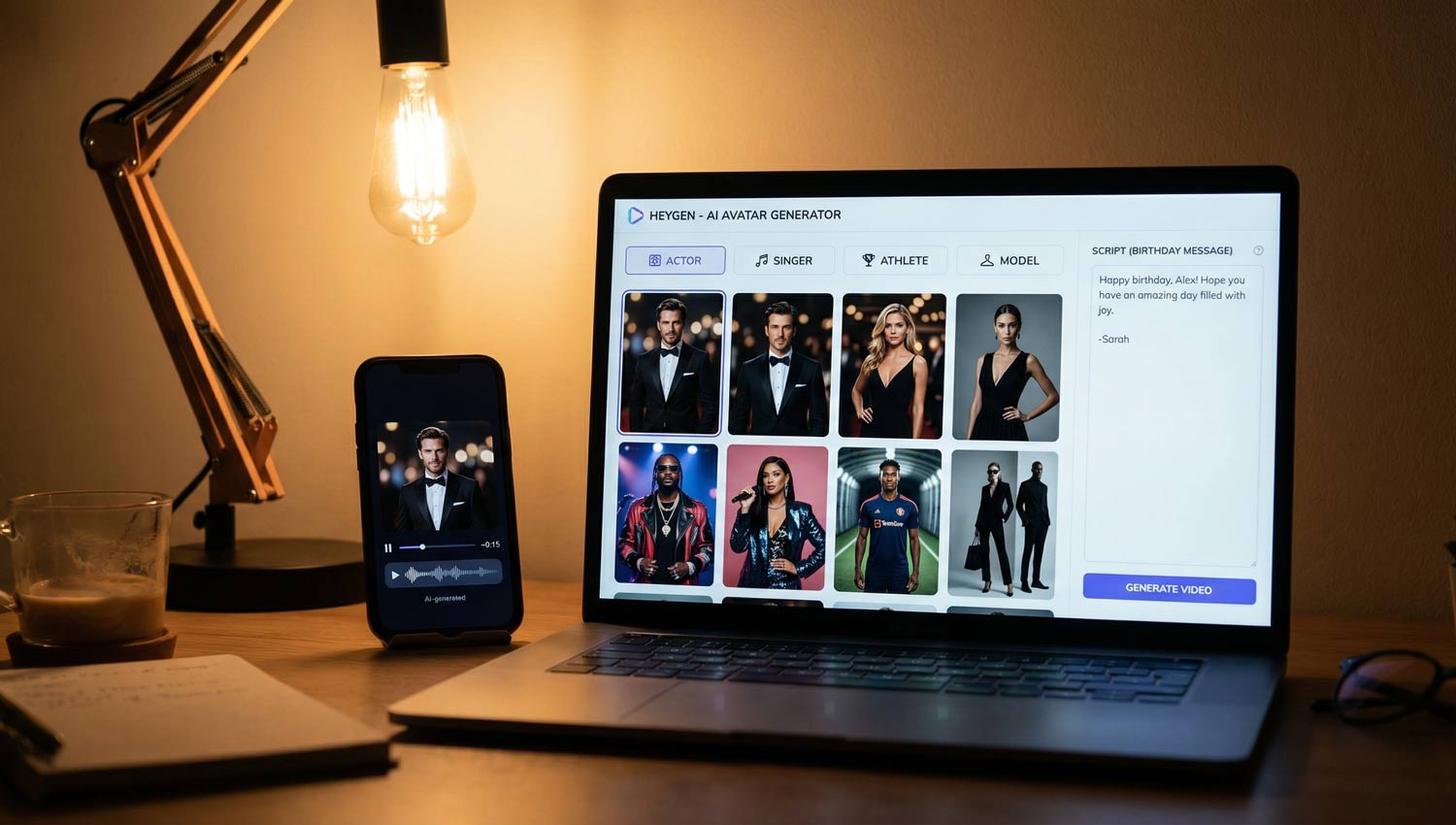 A casual desk setup with a laptop and smartphone, AI text being generated on screen, audio waveform preview visible on phone, simple video thumbnail paused, midnight or late-night vibe, warm desk lamp lighting, realistic home environment, authentic creator workflow, no branding or logos, cinematic but natural photography style.