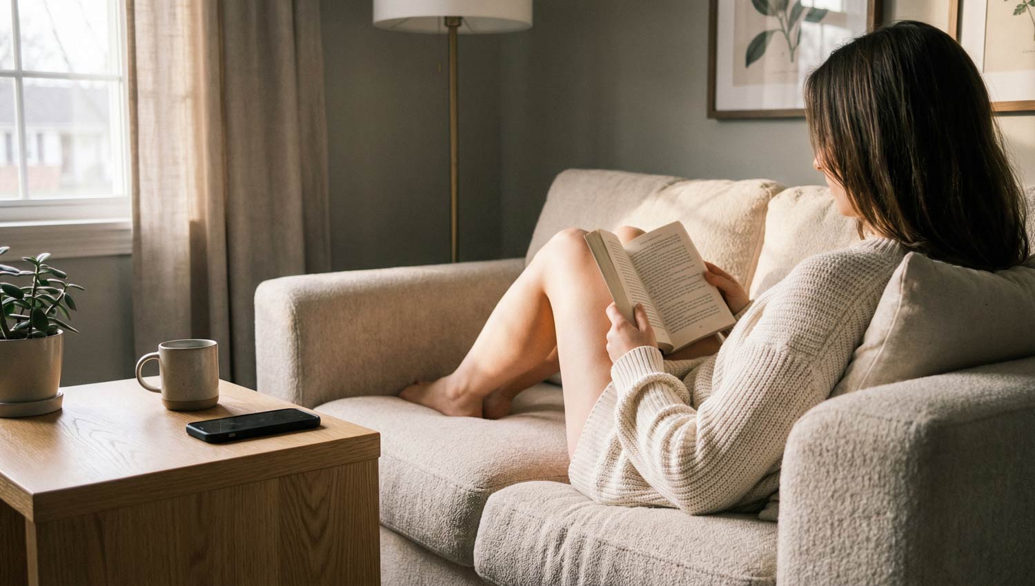 A cozy indoor scene with someone reading on a couch, legs tucked in, phone placed face-down on a side table. Soft shadows, warm neutral palette, realistic candid photography, peaceful and private atmosphere.