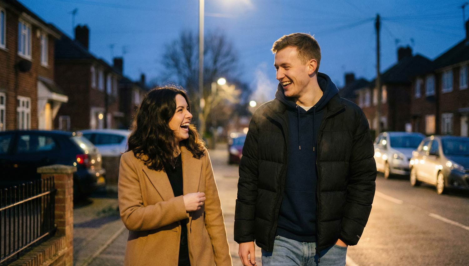 Two close friends walking side by side outdoors at dusk, laughing hard at something unseen. No direct eye contact with camera. Street lights softly glowing, casual clothing, relaxed body language. The image feels like a frozen shared memory — personal, nostalgic, and real. Photorealistic, cinematic depth, warm tones.