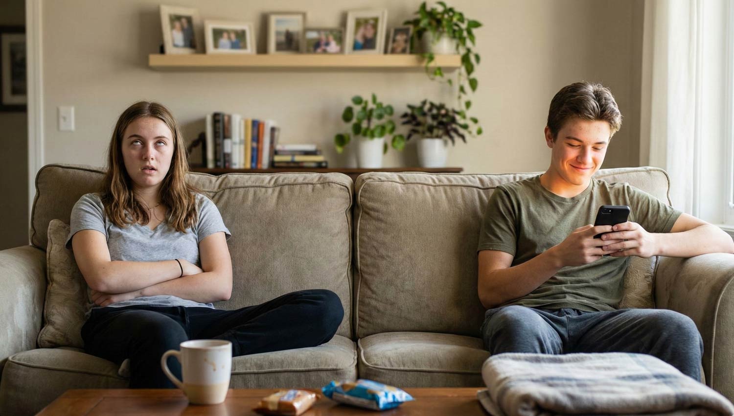 Two siblings sitting on opposite ends of a couch at home, one rolling their eyes while the other smirks at their phone. Casual home environment, mismatched furniture, shared childhood photos blurred in the background. The energy feels sarcastic but affectionate. Natural daylight, candid expressions, slightly messy living room.