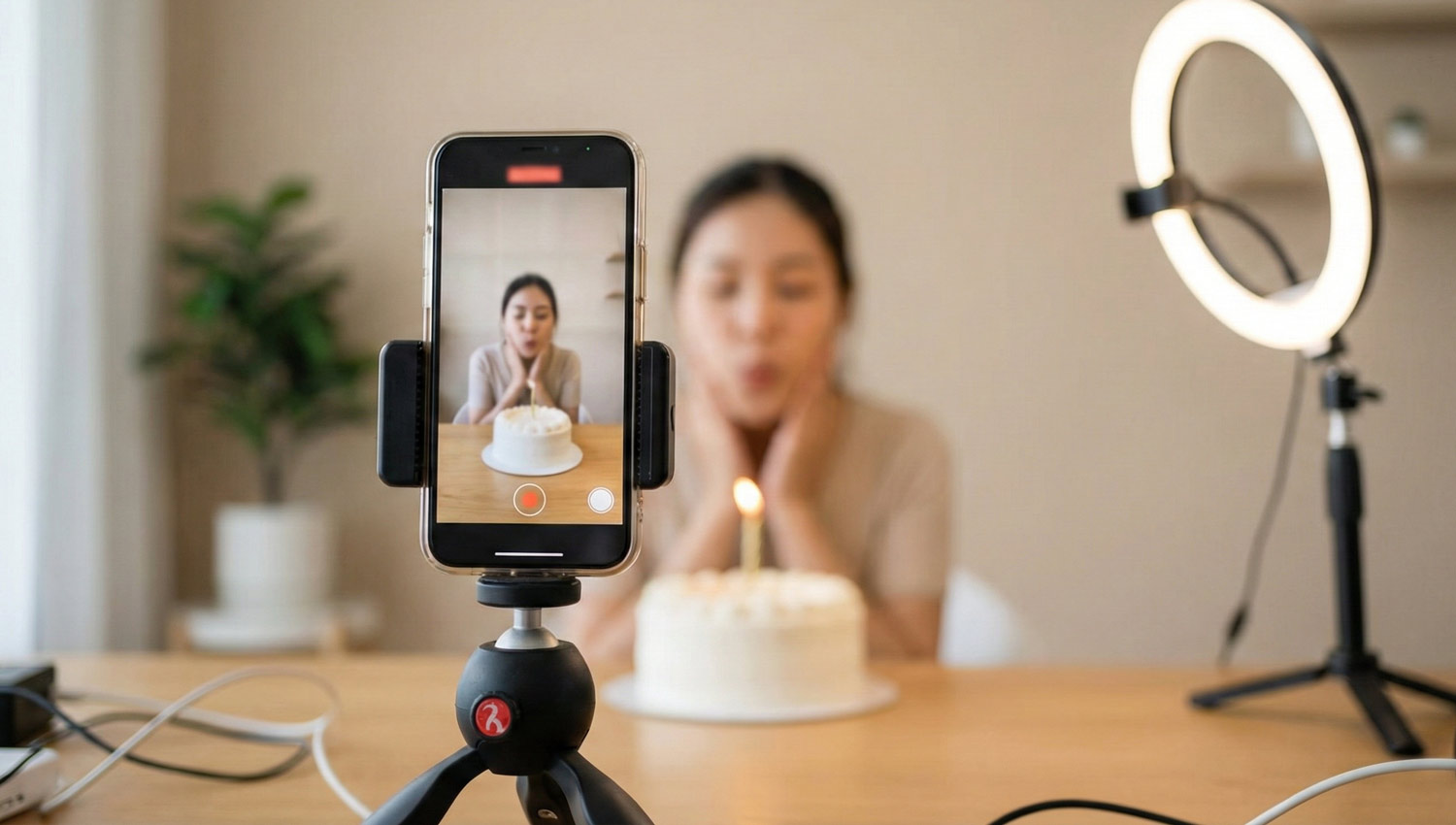 A modern social media content creation scene: smartphone on tripod recording a birthday moment, ring light softly glowing, cake on table, casual home studio vibe, realistic influencer setup, neutral background, vertical framing, authentic behind-the-scenes feel, no logos or text.