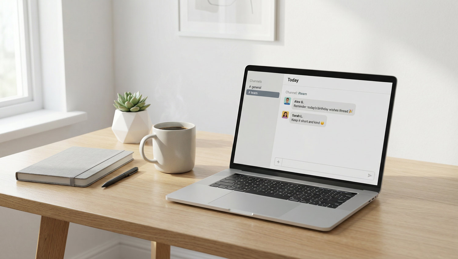 A clean, modern desk scene with a laptop open to a Slack-style interface, a coffee cup nearby, soft daylight through a window. No people visible. Minimal, calm, and neutral — friendly but professional.