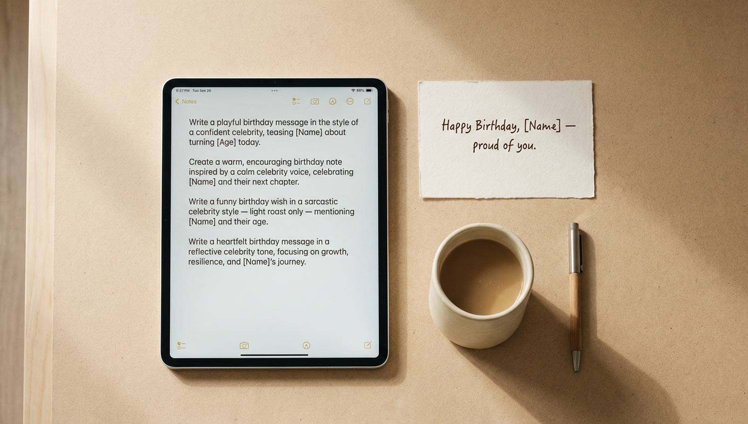 A clean, minimal workspace with a notes app open showing short birthday message templates, handwritten birthday card nearby for contrast, coffee cup, soft daylight, neutral color palette, realistic flat-lay photography, modern editorial blog aesthetic, calm and inviting tone.