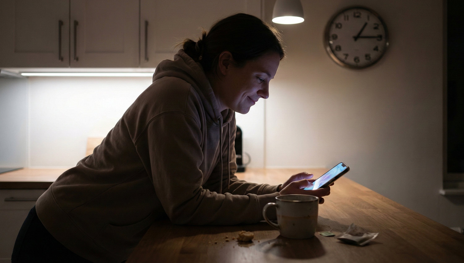 A late-night kitchen scene with one person leaning against the counter, scrolling on their phone with a tired but amused smile. Dim warm lighting, quiet house vibe, clock showing late hours, half-empty mug nearby. The mood feels existential but calm, like laughing at time passing. Realistic shadows, no dramatic posing.