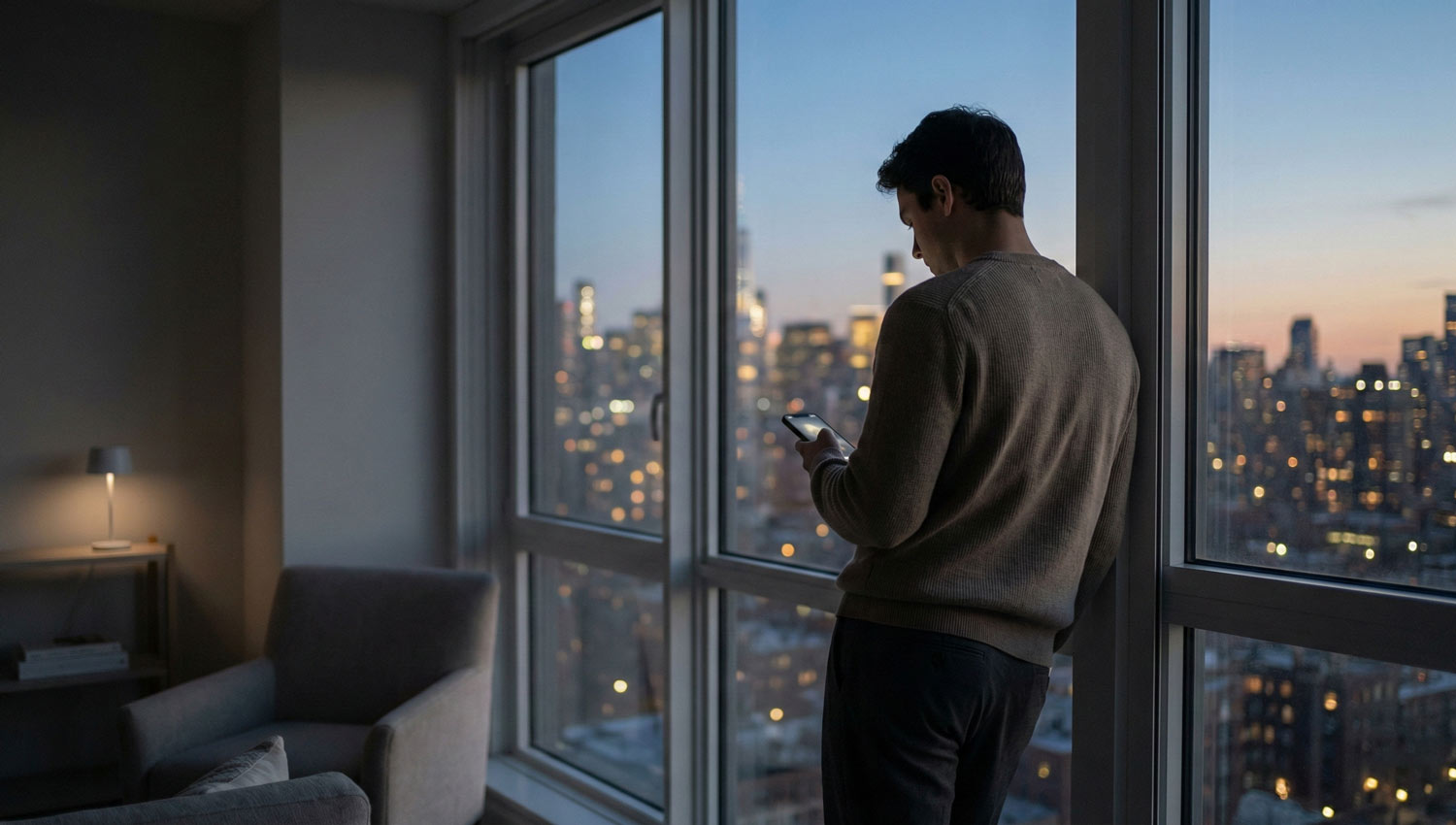 A quiet, reflective image of a person alone by a window at dusk, phone in hand, city lights just starting to glow outside. Neutral colors, soft shadows. Feels thoughtful, not celebratory.