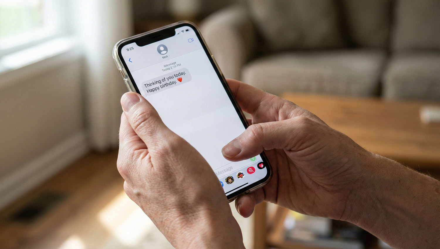 A close-up, human moment: hands holding a phone with a short, thoughtful message typed. Background blurred. Natural skin tones, no filters. Feels specific, intentional, and personal.