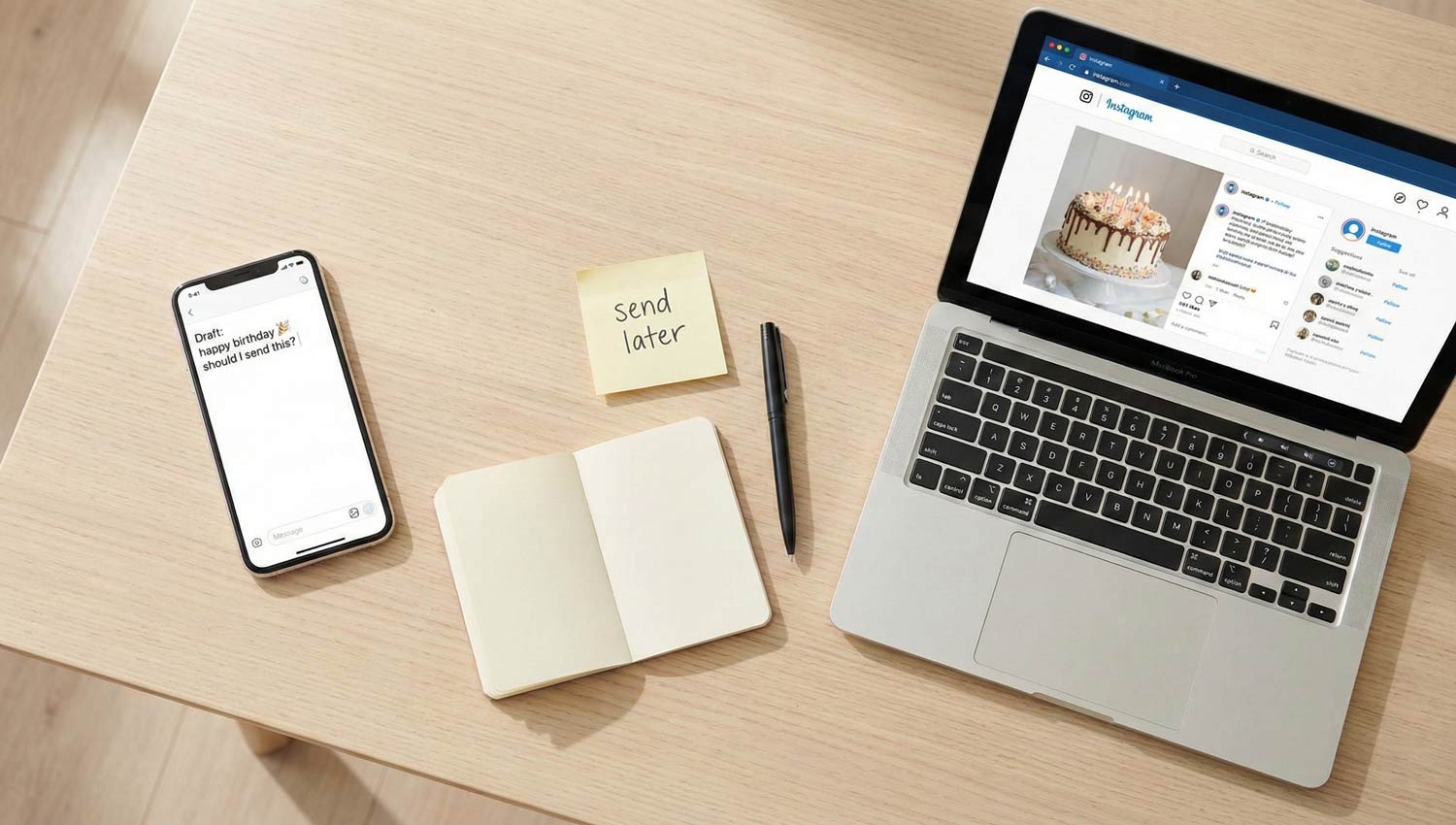A split-scene composition: phone on a table showing a text draft, laptop open to an Instagram post, notebook nearby. Natural light, editorial flat-lay style. Emphasizes context switching without feeling tech-heavy.